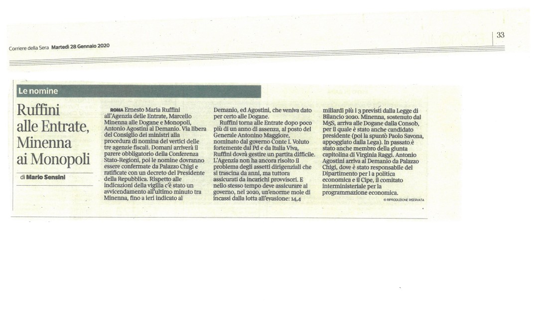 Il Corriere della sera di martedì 28 gennaio 2020